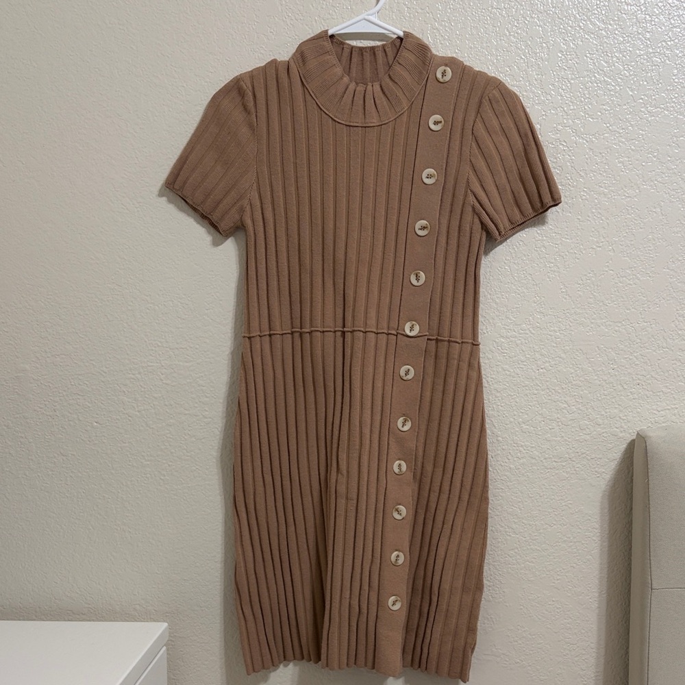 Free People Tan Ribbed Button Dress